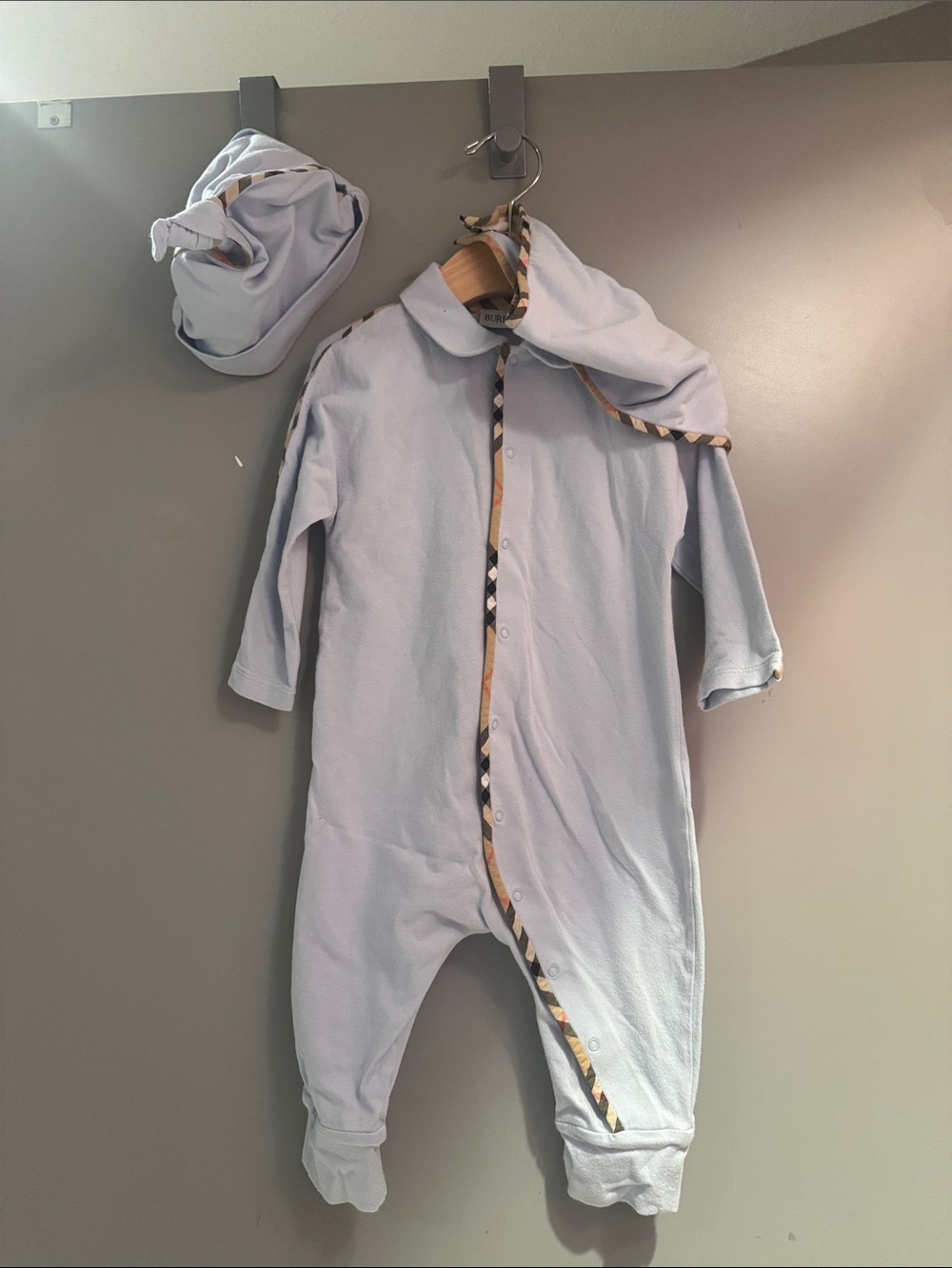 Light Blue Baby One-Piece with hat and bib